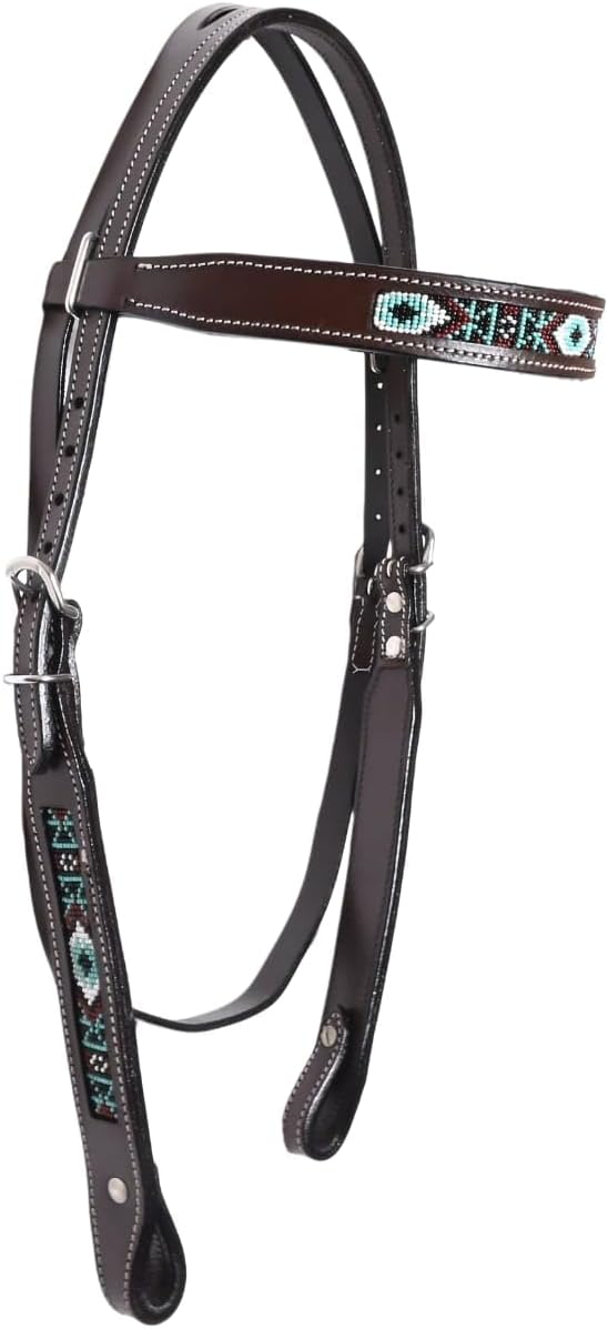 Western Horse Headstall with Beaded Browband – Premium Leather Bridle with Turquoise Aztec Beadwork, Adjustable Equestrian Tack for Barrel Racing, Trail Riding & Training