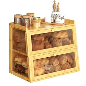 Bread Box for Kitchen Countertop, Double Layer Bamboo Bread Box for Kitchen Counter, Bread Storage Container with Acrylic Wavy Door Panel, 2 Layer Breadbox Holder, Natural Bread Box for Kitchen Countertop Double Layer Bamboo Bread Box for Kitchen Counter Bread Storage Container with Acrylic Wavy Door Panel 2 Layer Breadbox Holder Natural