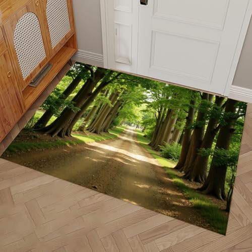Tapi entree interieur lavable vert imprimé photo arbres