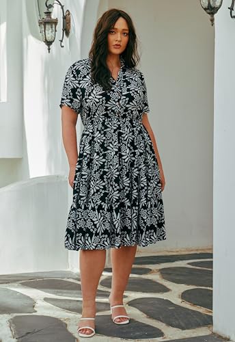 Image of CARCOS Plus Size Dresses for Curvy Women Collared Vneck Short Sleeve Dresses Midi Summer Ruffle Dress with Pocket XL-5XL