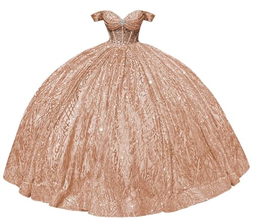 Mouccy Sparkly Tulle Quinceanera Dresses Long Puffy Off Shoulder Sweet 16 Dresses Glitter Beaded Party Prom Gowns with Bow