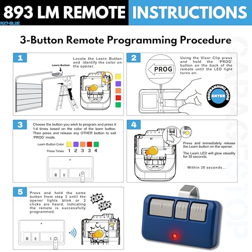 Image of 2X for 893LM 893Max Chamberlain Craftsman Liftmaster Universal Garage Door Opener Remote, 1993-Present, Garage Clicker Replacement for 5 Learn Button, Blue Shell