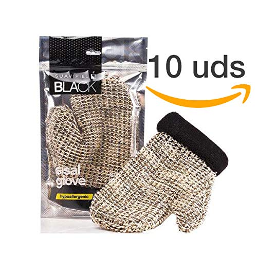 Guante de Sisal Black para aseo y baño. Caja 10 uds. Con fibras naturales y sintéticas especial para exfoliar la piel y eliminar grasa