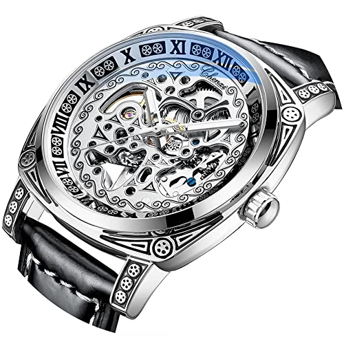 Montre mécanique automatique en cuir noir avec gravure vintage élégante pour homme TSE003