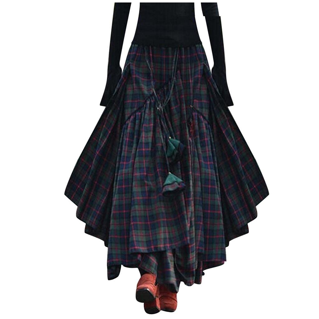 Chaoen Green Womens Plaid Maxi Skirts Ankle Length Skirts Retro A Line Ruffle Layered Maxi Skirt Elastic Waist Fringe Irregular Hem Skirts
