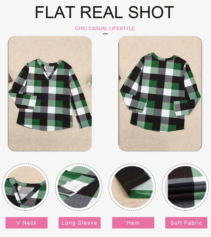 Image of Dokotoo Womens Tops Plaid Cotton Cuffed 3 /4 Sleeve Shirts Blouses