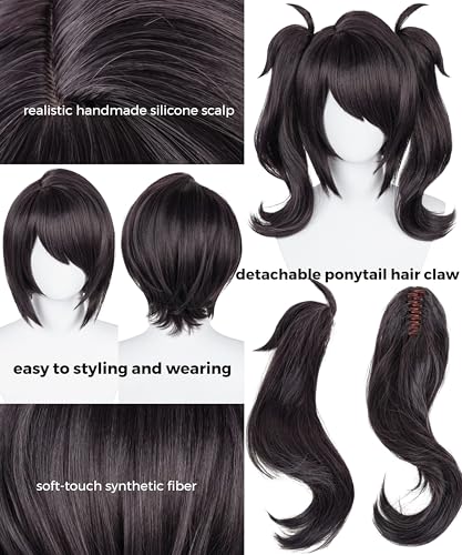 Image of Half and Half Black Ponytail Wig with Bangs Short Curly Black Anime Lolita Cosplay Wigs + Hairpins + Red Ribbons Black Twin Tails Wig for Women Halloween Party