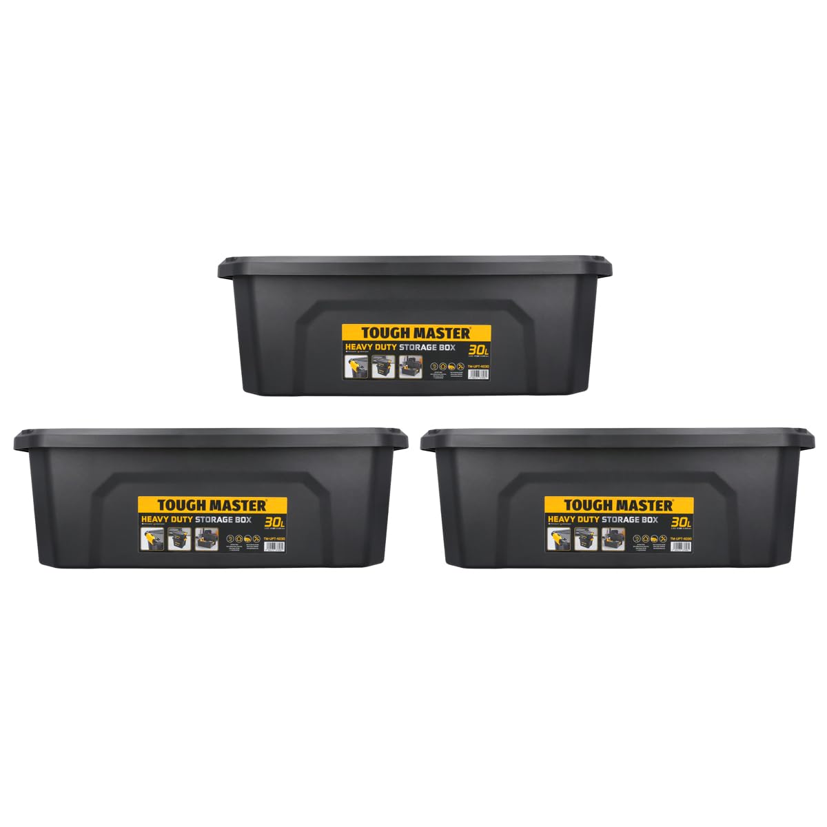 TOUGH MASTER 30L Storage Box Medium With Lid Durable Plastic Reinforced Construction Secure & Stackable Design Versatile for Tools, Toys, Craft Equipment (Pack of 3)