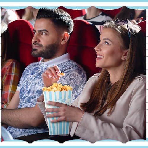 Image of Xinnun 100 Pcs Popcorn Boxes 32oz Classic Stripe Paper Buckets Disposable Oil Proof Popcorn Container Retro Open Top Box for Movie Night Supplies Theaters Carnival Birthday Party(Light Blue and White)