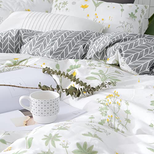 Vclife Floral Duvet Cover Twin Cotton Bedding Sets Reversible Garden Botanical Pattern Duvet Cover, 3 Pieces Twin Size Colorful White Grey Duvet Cover Sets, 1 Twin Flower Duvet Cover 2 Pillow Shams #TOP4