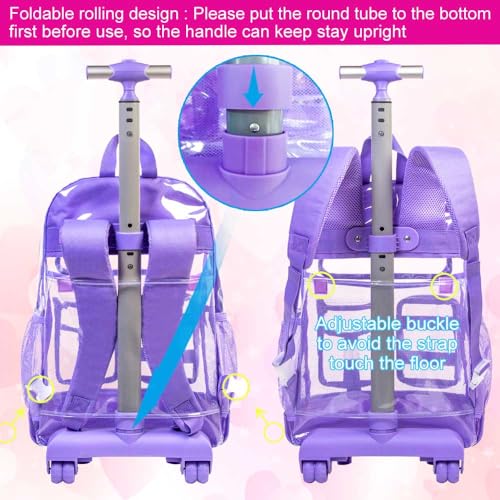 Clear Backpack Rolling Backpack for Girls Women, Heavy Duty PVC Transparent Bookbag, See Through Wheeled Backpacks for Teens Elementary Travel - Purple4