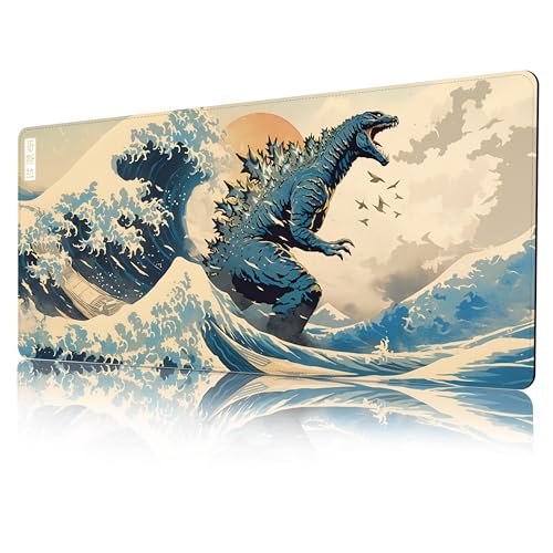 ProbTis Japanese Mouse Pad, Kanagawa Great Wave Mouse Pad, XXL Anime Gaming Keyboard Mat, Stitched Edges Rubber Base, XXL Big Extended Desk Protector for Home Office, 35.4”x15.7” (Sea Wave - Monster)