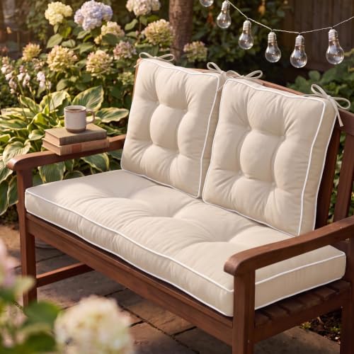 Wenqik 44 x 19 x 4 Inch Outdoor Bench Cushion Set of 3 Waterproof Tufted 1 Patio Loveseat Cushions and 2 Square Chair Seat Pad for Outdoor Furniture Couch Swing Sofa Wicker Settee(Beige)