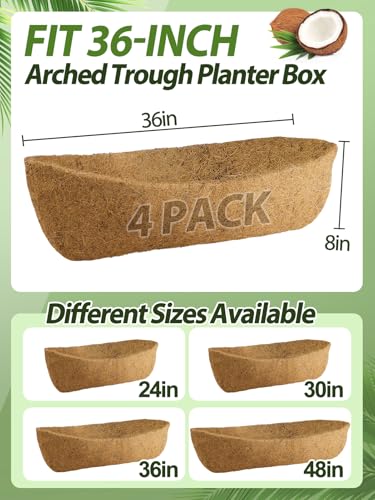 Image of 36in Arched Coco Liners for Window Planter Box - 4 Pack 100% Natural Coconut Coir Fiber Liner Replacement for Deck Flower Box, Garden Railing Fence Trough, Wall Planter Basket