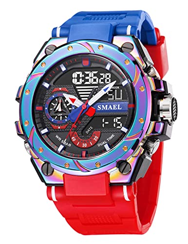 FANMIS Mens Analog Digital Sports Watch Large Face Outdoor Sports Waterproof Military Wrist Watches with Date Multifunction Tactics LED Army Stopwatch (X-Red)