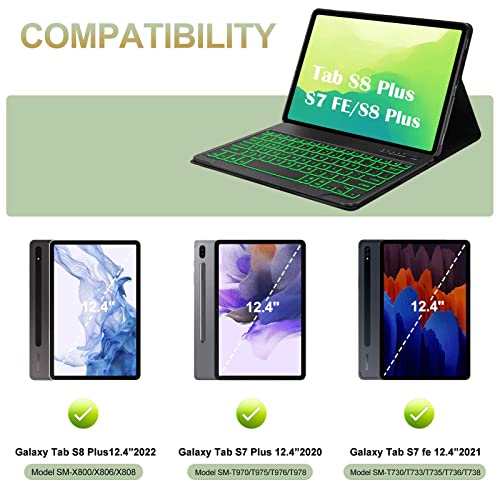 Samsung Galaxy Tab S8+ /S7 Fe Case With Keyboard 12.4 Inch, Detachable Wireless Bluetooth Backlit Keyboard & Slim Smart Cover With S Pen Holder For Galaxy Tab S8+ 2022/S7 Fe 2021/S7 Plus 2020, Black #TOP7