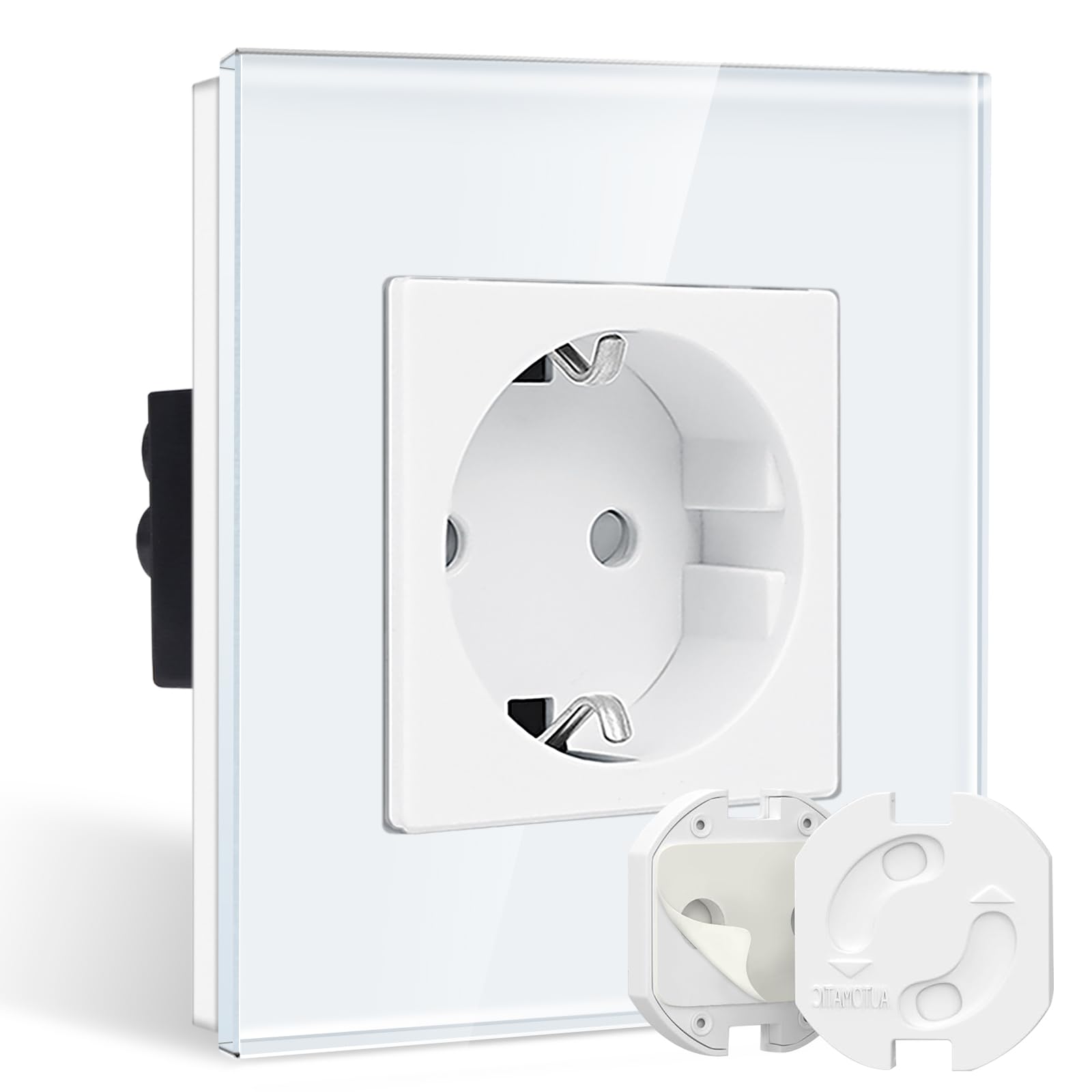 CNBINGO Glass Single Socket Flush-Mounted in White - Socket Protection Child Lock with Twist Mechanism - Simple Schuko Socket - Protective Contact Wall Socket with Glass Frame — image 1