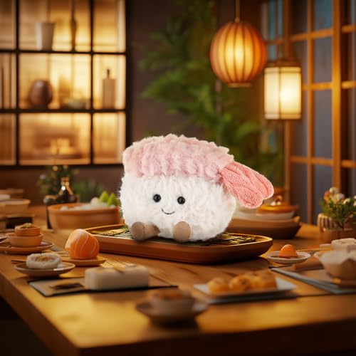 Apricot Lamb Garnelen Sushi Lebensmittel Plüschtiere für Kinder, weiche niedliche Kuscheltier für Baby Mädchen und Jungen, Flauschige Shrimp Sushi Rosa 8 cm