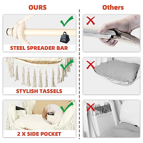 Ciouper Hammock Chair Hanging Rope Swing with Stylish Tassels - Max 500 Lbs - 2 Cushions Included - Heavy-Duty Steel Spreader Bar with Anti-Slip Rings - for Any Indoor or Outdoor Spaces (Beige) - Thumbnail 7