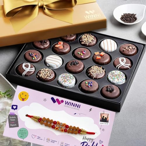 Image of WINNI - Luxury 24 Pcs Chocolate Cookies + Rakhi Pack | Rakhi Gift For Brother & Sister | Celebration Chocolate Cookies Gift Hamper | Rakhi Gift For Kids, Girls, Boys, Brother, Sister, Bhaiya, Bhabhi | Rakhi Gift Set | Dark Chocolate Pack | Imported Choco Cookies Gift Bouquet | Luxury Return Gift