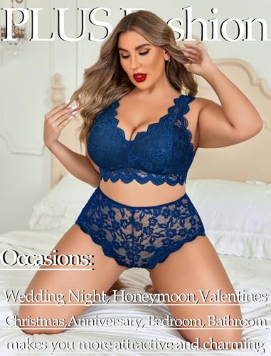 Image of Avidlove Plus Size Lingerie Set for Women Sexy Lace Halter Bralette High Waist Panty Set