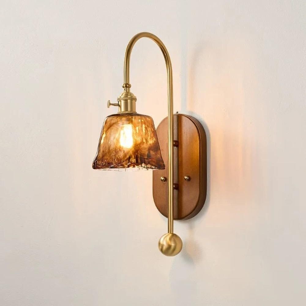 CWCQGH Retro Wood Wall Lamp Modern Antique Brass Finish Wall Light Hand-Blown Glass Shade, Wabi Sabi Nordic Solid Wood Wall Sconce for Bedroom Bedside Study Stairs Hallway Kitch,D