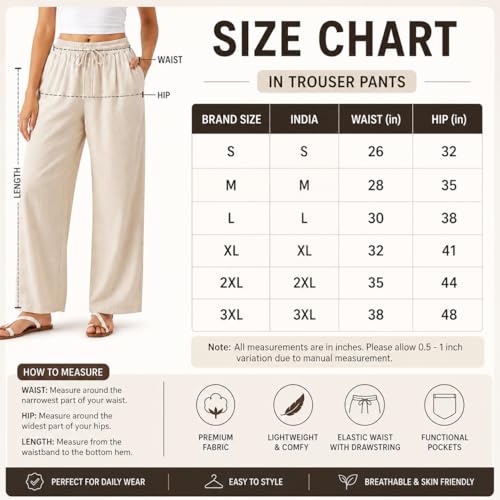 Image of THUMBA Women's Cotton Linen Wide Leg Pants | Elastic Waist Relaxed Fit Trousers | Breathable Summer Palazzo Pant with Pockets| Casual Office Travel Wear