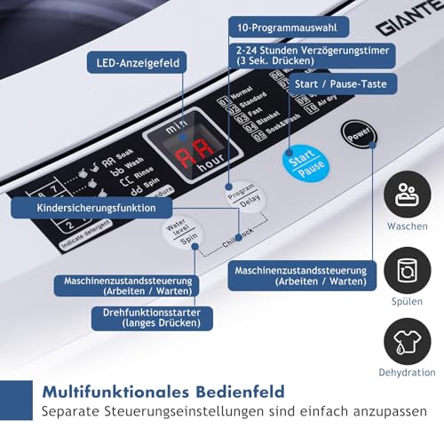 FANTASK Kleine wasmachine, bovenlader, volautomatische wasmachine, 310 W, 50 x 50 x 85 cm, mini-wasmachine met display, pomp en centrifuge voor appartement en camper, energieklasse B - Afbeelding 4