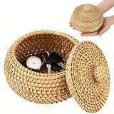 ZALIR Round Rattan Basket with Lid, Small Handmade Woven Storage Basket, Decorative Organizer Box, Vintage Rattan Tabletop Container for Keys, Candy, Sundries, 5.9 x 3.5 in