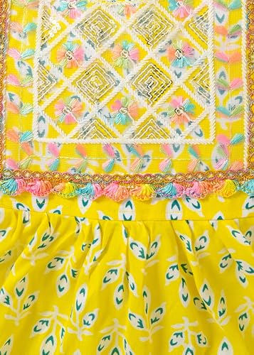 Image of Baby Girls Yellow Ethnic Clothing Set, Mirror Work Embroidered Frock with Zigzag Print Pants, Comfortable Cotton Outfit for Kids