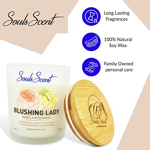 Souls Scent Blushing Lady Series Scented Candles For Home & Office, Vanilla And Rosewood Infused Aromatherapy, High Essential Oil Concentration & 100% Natural Soy Wax Used, Single Wick 7Oz Gift #TOP2