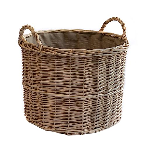 Arthur Cameron Deluxe Circular Wicker Log Basket with Handles & Lining - Large Wicker Storage Basket Round Log Basket Round Basket (Small Antique Wash)