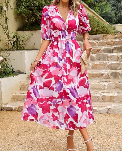 Image of UONBOX Women's V Neck Floral Dress Summer 2025 Trendy Pleated Boho Flowy Puff Sleeve Maxi Dress
