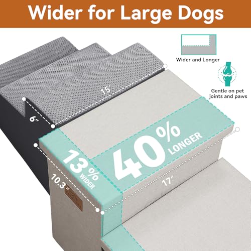 Image of Zerbuger Dog Stairs with Storage 18 inch H, 3-Step Wider Dog Steps for Small /Medium /Large Old Dogs Cats, Folding Sturdy Pet Stairs Climbing Bed or Couch, Ramp for Car Up to 200 lbs (Beige, No Condo)