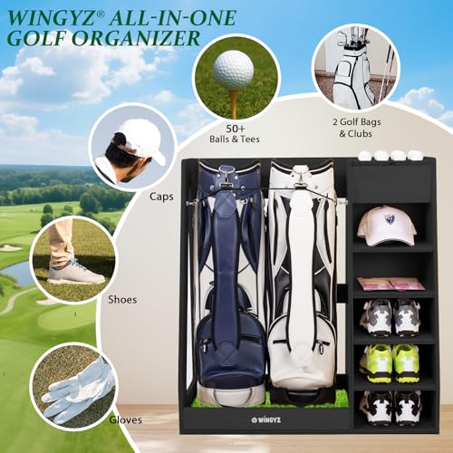 Golf-Bag-Storage-for-2-Bags-Premium-Birch-Plywood-Organizer-36lb-Rock-Solid-Golf-Bag-Organizer-7-Shelf-Command-Center-Artificial-Turf-12-Ball-Display-No-Wall-Mounting-Required-Black