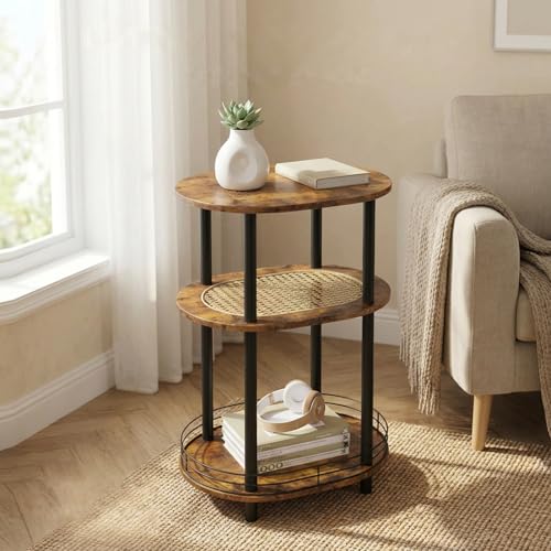 BITYODD Small Rattan Side Table with Storage 3 Tier Round/Oval End Table with Rattan Shelf Boho Nightstand Tool Free Assembly/Screw-Hole Free Tabletop-Living Room Bedroom-Brown