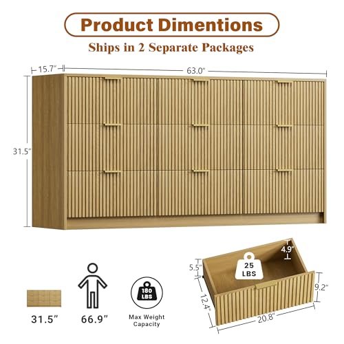 Image of Furniway 3 Piece Bedroom Set, 9 Drawer Dresser and 3-Drawer Nightstand Set of 2 with Gold Handles, Mid-Century Modern Wood Chest of Drawers Storage Cabinet for Bedroom, Natural Oak