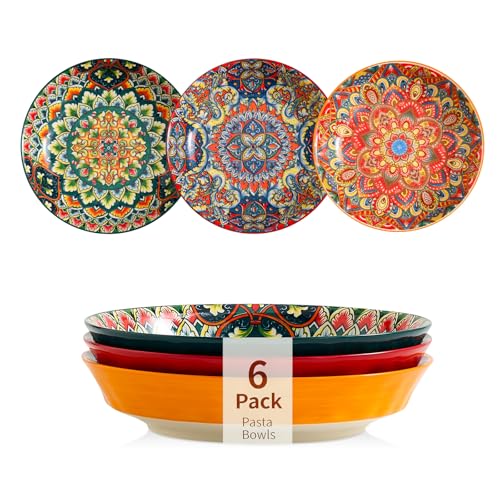 ASBEFORE Ceramic Pasta Bowls Set of 6-8 inch 30 oz Serving Bowls Colorful Dinner Bowls for Soup Salad and Pasta Kitchen Microwave Dishwasher Safe mexican Bohemian Style