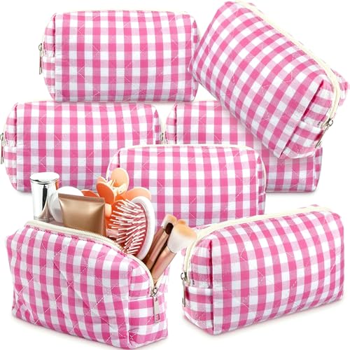 Paterr 6 Pcs Makeup Bags Bulk Quilted Cotton Cosmetic Bag Bridesmaids Gift Birthday Wedding Party Favors for Women Girls Pastel Checkered Floral Bow Travel Makeup Bag Pouch(Plaid,Pink)