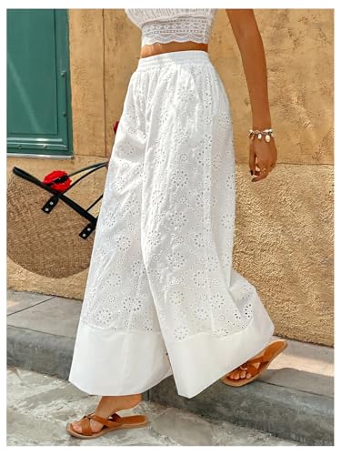 MakeMeChic Women's Boho Eyelet Embroidery Wide Leg Palazzo Pants High Waist Baggy Trousers2