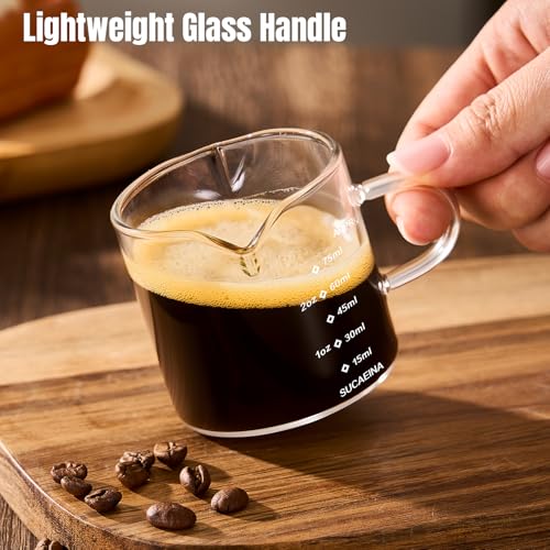 gegewawa Espresso Cups Set of 2 with Handle, 2.5 OZ Double Spout Espresso Shot Cups Glass Measuring Cup with Dual Scale, Espresso Shot Glass with V-Shaped Mouth, Espresso Accessories