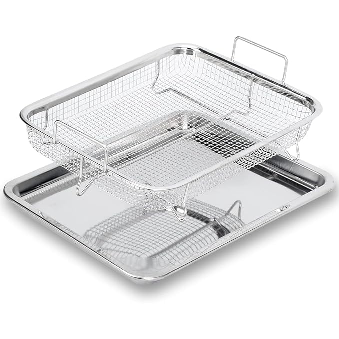 PRISO Rectangle Stainless Steel Basket Air Fryer Oven Accessories Non-Stick Oil Pan Crisping Tray Kitchen Deep-Fried Food Easy to Drain Oil Holl Basin Use. (Silver Color)