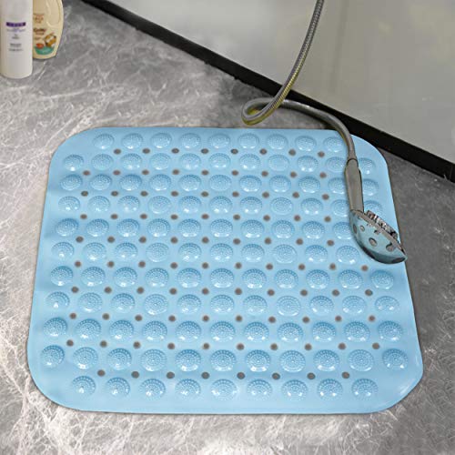 HOKIPO Square Acupressure Bathroom Non Slip Shower Mat With Antiskid Suction Cups And Drain Holes, Blue, Polyvinyl Chloride, 48 cm X 48 cm