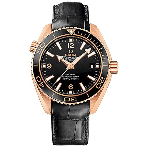Omega Seamaster Planet Ocean 600M Mens Rose Gold Dive Watch Automatic - 42mm Black Face with Luminous Hands Sapphire Crystal Diving Watch - Swiss Made Black Leather Band Waterproof Diver Watch for Men