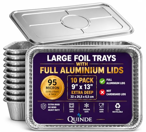 QUINDE Large foil Trays with lids Pack of 10 Full Aluminium Heavy Duty Foil Containers with Lids 3500 ml (9×13) Deep Aluminium Baking Roasting Cooking Turkey Trays