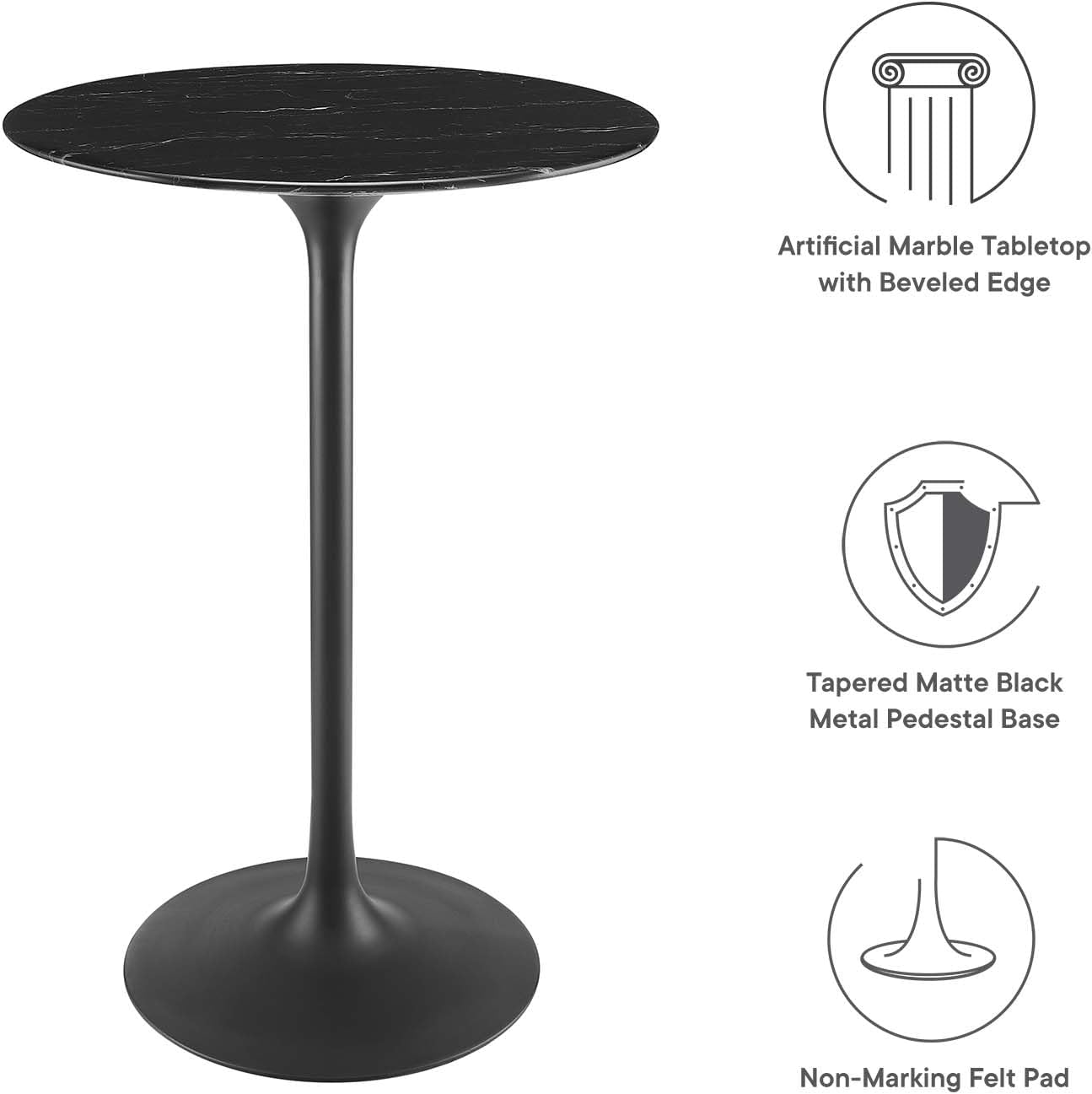 Modway Lippa Round 28" Mid-Century Modern Artificial Marble Bar Table in Black Black