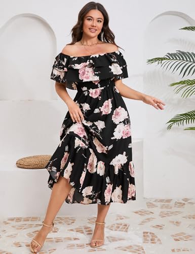 Image of KOJOOIN Women Plus Size Off Shoulder Maxi Dress Ruffle Flowy Casual Summer Boho Long Dresses