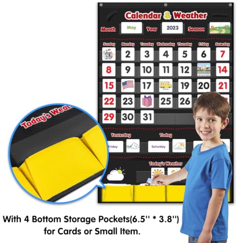 Image of Calendar and Weather Pocket Chart, Classroom Organized Chart, 149 Pieces (Black)