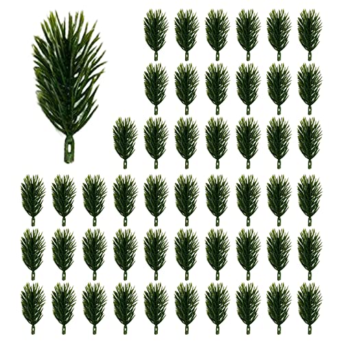 Flueyer 50 agujas de pino artificiales, ramas de pino pequeñas, púas con agujeros, agujas de pino verde, para arreglos de flores de Navidad, coronas y decoraciones navideñas Cover