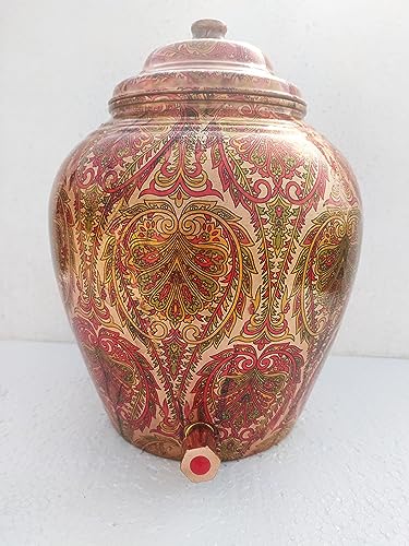 Image of Indian Art Villa Printed Leaf Design Copper Water Dispenser Pot Matka, Storage, Home Kitchen Garden, 13 LTR